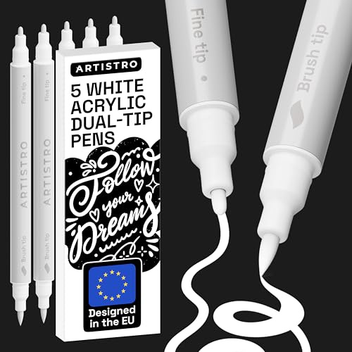 ARTISTRO 5 White Acrylic Paint Pens – Dual Tip (Brush & Fine) Markers for Fabric, Canvas, Rock, Glass, Wood – Calligraphy, Scrapbook Supplies DIY & Gift for Kids, Teens - Art Set