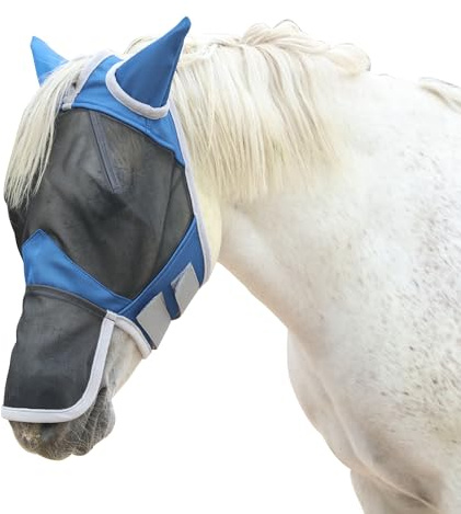 Leberna Fine Mesh Horse Fly Mask Large Eye Space Long Nose with Ears UV Protection for Horse (Royal Blue, Full)