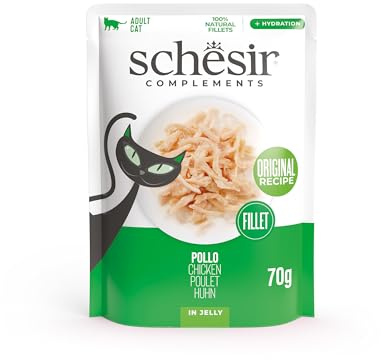 Schesir, Kycklingfiléer av gelé i påse, kompletterande våtfoder för katter, originalrecept, 100% naturlig, grymhetsfri, 12 x 70 g