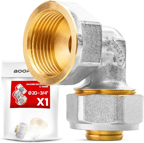 BOOPARTS – Gomito Femmina a Stringere Ø20 mm x 3/4 per Tubo Multistrato | Senza Pressatrice | Raccordo in Ottone Nichelato | 1 Pezzo