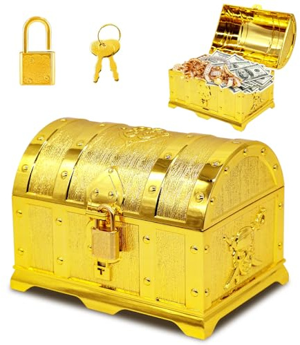 Idota Schatztruhe Kindergeburtstag, Schatzkiste Kindergeburtstag, Goldene Schatztruhe Klein, Schatztruhe mit Schloss Mit Deckel Und Schloss für Aufbewahren Und Dekorieren, Kindergeschenk