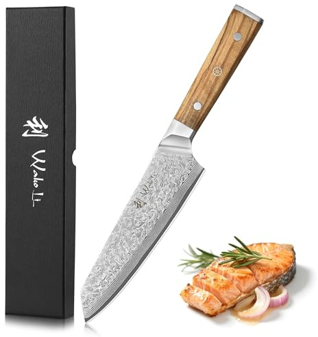 Wakoli Oribu Kiritsuke 18 cm Klinge aus 67 Lagen Damaststahl mit VG10-Kern | Full-Tang-Konstruktion, Olivenholzgriff, 60 ± 2 HRC und beidseitiger 15° V-Schliff für kontrollierte Druck- und Zugschnitte