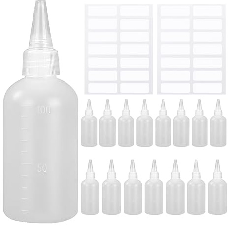 XMDROU Squeeze Flasche, 16 Stück Quetschflasche, 100ml Klein Squeeze Flaschen Leere Quetschflasche Klein Saucenflasche mit Kappen Spritzflasche mit Etiketten für Flüssigkeiten öl Sauce