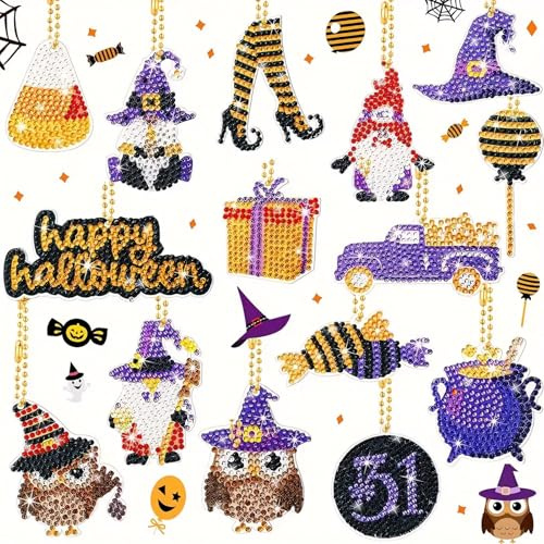 Diamond Painting Schlüsselanhänger Halloween Set, 5D Diamond Painting Halloween Anhänger Eule Totenkopf Wichtel, Diamont Painting Erwachsene Kinder, 15 Stk DIY Diamont Painting Schlüsselanhänger (A)