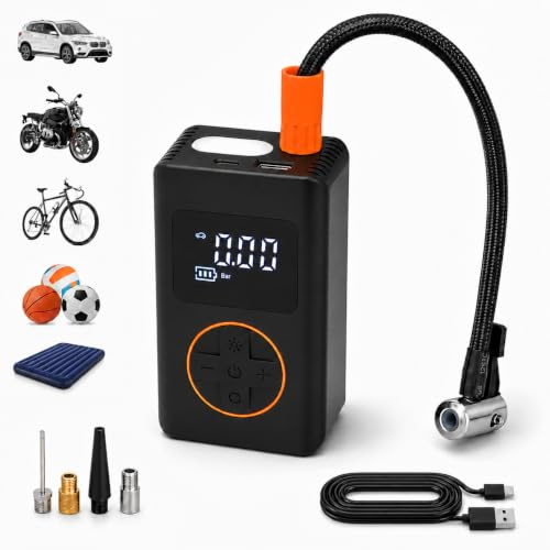 KOMBO - Compresor de Aire Portátil Inalámbrico 8V – Inflador Digital de Neumáticos 130 PSI con Auto-Stop, USB-C y 5 Adaptadores, Mini Compresor Recargable
