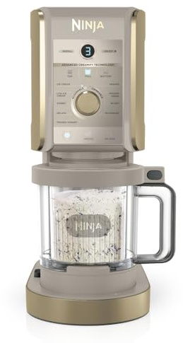 Ninja CREAMi Deluxe Machine a glace et sorbetière, 2 bacs, 10 fonctions, crème glacée, yaourts glacés, des milkshakes, des slush, Pièces amovibles lavables au lave-vaisselle, Stone/Or NC502EUSTGD