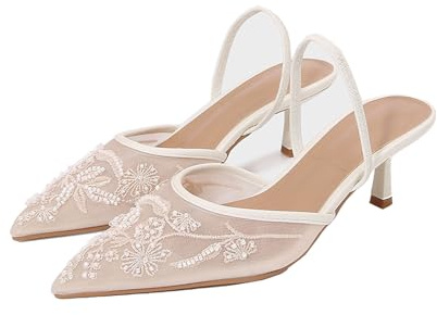 WQHPLMD Women's Kitten Slingback Pumps Sandals Lace Mesh Pointed Toe Bridal Wedding Shoes 6.5 Cm