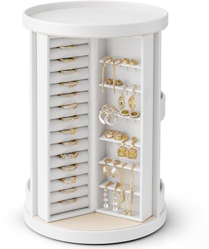 VLANDO Schmuckkästchen 360° Drehbar, Schmuckkasten con 6 Halskettenhaken, Vertikale Schmuckaufbewahrung für Halsketten, Ohrringe, Armbänder, Offenes Design,Weiß