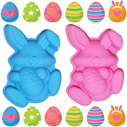 BUKCYUE Stampo per dolci a forma di coniglietto pasquale per cioccolato, 2 pezzi, in silicone, per fare biscotti, caramelle e torte, colore: blu e rosa