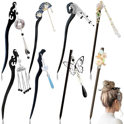 Palillos de Madera para el Pelo, 8 Piezas Horquillas Chinas Vintage, Flores Perlas Palillos Retro Hair Sticks Elegantes Accesorios Hanfu con Borla para Mujer Accesorios DIY