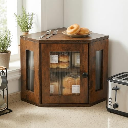 Songvas Portapane Angolare 32x32x35cm, Mobile Contenitore Cucina con Mensola Regolabile, Porta Acrilica Trasparente, Finitura Effetto Legno, Risparmio Spazio, Design Rustico Moderno