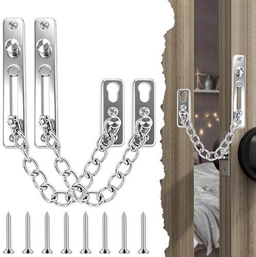 2 Pcs Door Chain Lock, Stainless Steel Door Chain Locks with Safety Spring | Door Chains for Front Door, 18cm Anti-Theft Push Closure Door Locks, Door Chains for Home, Hotel, Office(Silver)