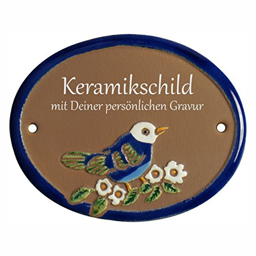 Handarbeit aus Schleswig-Holstein Keramikschild 12,0 x 9,5 cm Motiv EIN Vogel auf einem AST (braun)