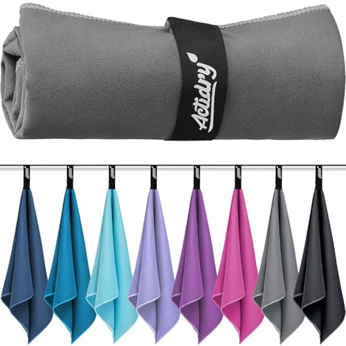 Actidry Mikrofaser Handtücher 2er Set L+S (80 x 160 + 40 x 80 cm) Microfaser Strandtuch Badetuch Saunatuch Sporthandtuch Fitnesstuch Wandern Camping - Dunkelgrau