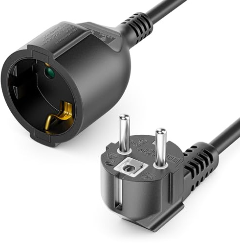 deleyCON 20m Cable de Extensión con Enchufe Tipo F (CEE 7/7) en ángulo de 90° a Toma (CEE 7/3) con Protección de Contacto, para TV, PC, Ordenador y Proyector - Negro