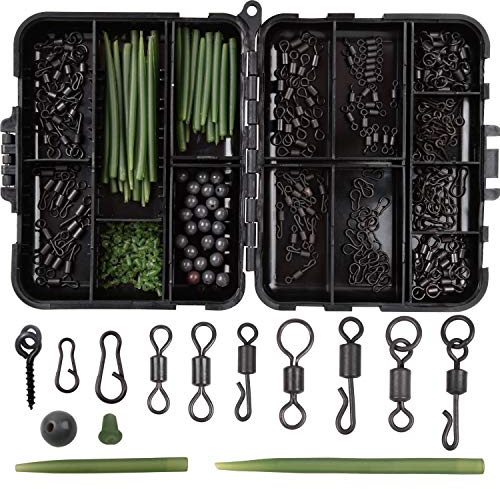 300pcs Carp Fishing Swivel Snaps Kit Mixed Various Matte Black Quick Change Rolling Swivels Speed Links Anti-tangle Sleeves Hook Stops Beads Screws Rigs with Tackle Box