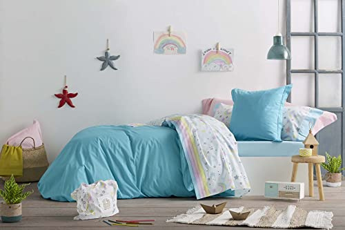 Burrito Blanco Juego de Sábanas 170 | Sábanas Bajera Ajustable | Algodón y Poliéster | Cama 105cm | Diseño Estrellas y Arcoiris
