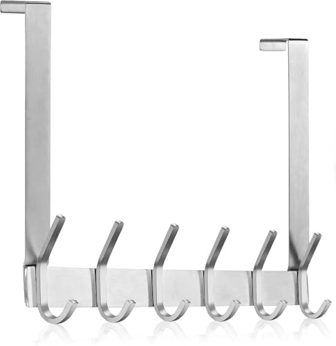 Meijo - Appendiabiti per porta, con 6 ganci, in acciaio inox, per camera da letto, bagno, porta della cucina (argento, spessore 4,5 cm)