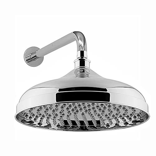 ENKI, RA062, 300mm Traditional Wall Mounted Fixed Large Shower Head Chrome, Solid Brass, 320mm Shower Arm, Round Rose, Mixer Rainfall Shower, Modern Design Easy Clean & Easy to Install