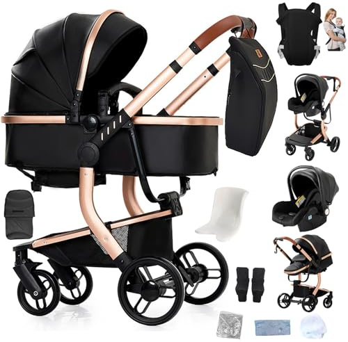 Prokoke PU-Leder Kinderwagen 3 in 1, Kinderwagen Set Einem Klick Faltbar, Kombikinderwagen 3 in 1 Umkehrbarem Zwei-Wege-Schub, Buggy Rahmen Aluminiumlegierung Baby Kleinkind Neugeborene (Black 518)