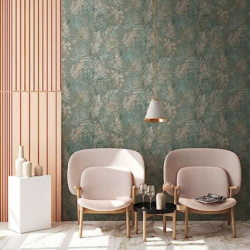 Djungeltapet grön blå PVC-fri – Natural Living A.S. Création 386382 – fibertapet palmer petrol – 10,05 x 0,53 m Made in Germany