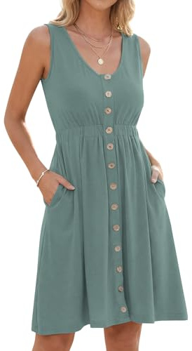 AUSELILY Sommerkleid Damen Ärmellos V-Ausschnitt Strandkleid Elastische Taille Freizeit Knopfleiste Keid mit Taschen Mintgrün M