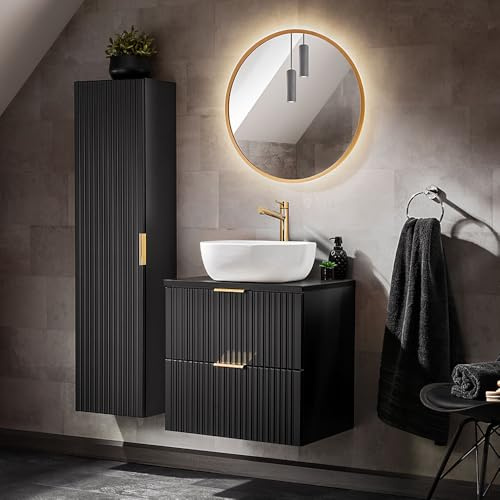 Lomadox Badezimmer Möbel Set, 60cm Waschtisch mit Keramik Aufsatzbecken, matt schwarz mit gerillter Front, B/H/T ca. 110/200/46,5 cm