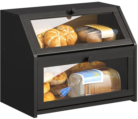 Farmhouse Bread Box for Kitchen Countertop Bread box Double Layer Bamboo Wooden Extra Large Capacity Bin Kitchen Food Storage Container(Black)