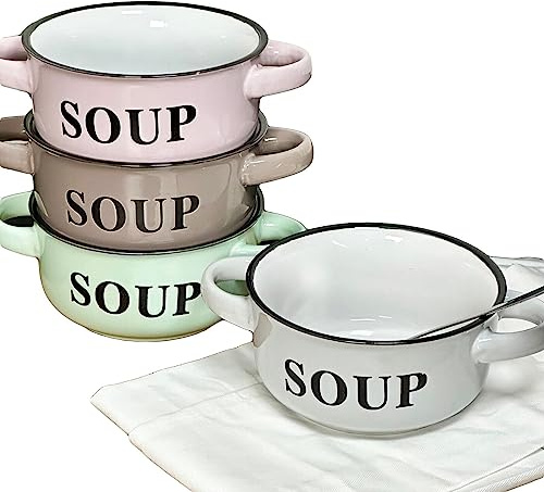 Darthome Set of 4 Pastel Soup Bowls with Handles 500ml Assorted Colours Kitchen Tableware