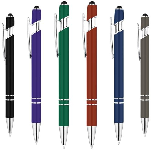 AUAUY 6 st kulspetspenna i metall, 2 i 1 Stylus, indragbara kulspetspennor, svart bläck, presentpenna för skola, kontor, hem