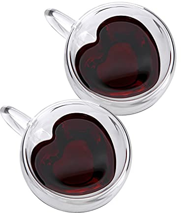 CNGLASS Double Wall Heart Shaped Glass Coffee Mugs 5oz(150ml),Insulated Clear Tea Cups with Handle,Unique Glass Espresso Mugs for Coffee,Cappuccino,Latte,Milk Set of 2…