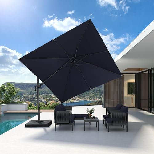 PURPLE LEAF 3 X 3 M Garden Cantilever Swivel Parasol, Large Square Patio Umbrella with Crank Handle and Tilt for Balcony and Outdoor, Navy Blue