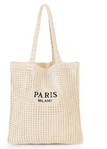 Ayieyill Crochet Tote Bag For Women, Crochet Mesh Beach Tote Bag Summer Vacation Aesthetic Boho Knit Bag for Women (G/Beige)