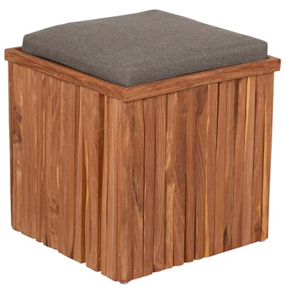 MR. DEKO Teakbox Oxford Sitzhocker inkl. Sitzkissen | Teak Holz Gartenhocker Wetterfest | Auflagenbox Klein Massivholz Teakholz | Beistelltisch Garten Stauraum | Sitzbox Balkon 45x45 cm
