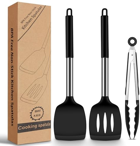 Espátula de silicona, 2 espátulas de silicona + 1 pinza de cocina, utensilios de cocina resistentes al calor, sin BPA, color negro, espátula antiadherente para cocinar