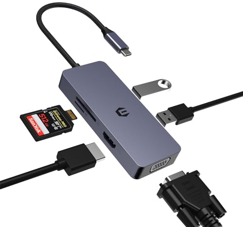 Adaptador USB C HUB, Adaptador USB C, 6 en 1, USB C a HDMI VGA Dual Monitor Adaptador con VGA, HDMI, 2 x USB 2.0, SD/TF, Compatible con Sistemas Windows e iOS