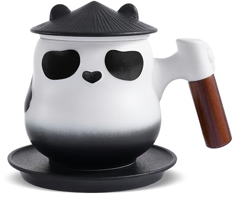 ZENS Panda Tea Cup with Infuser and Lid, 330 ML Ceramic & Wood, Black and White, Loose Leaf Tea Diffuser, Collector's Mug