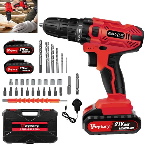 Cordless Power Drill Driver with 2 Batteries Combi Hammer Drill with 2 Speed Electric Screwdriver Kit 25+1 Torque, 45N.m Max, 3/8 Keyless Chuck, LED Light, with 26 Drill Bits, Kitbox for Home, DIY