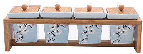 Sucrier en céramique avec couvercle et cuillère, sucrier en fleur de prunier avec couvercle et cuillère, récipient à sucre en céramique, pot à épices, rangement de décoration de cuisine, bleu clair, 4