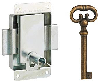 THIRARD - Serrure de Meuble en Applique - Axe 20 mm - Acier Zingué - Pour Porte d'Ameublement - Installation Droite ou Gauche - 40 x 50 mm - 1 Clé Laitonnée Vieillie - Gris