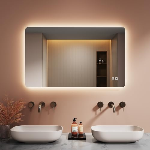 LOMIKEN Badrumsspegel med belysning, 100 x 60 x 3,5 cm, spegel med belysning, dimbar, 3 färger, imskydd, vertikal/horisontellt, väggmonterad LED-badrumsspegel