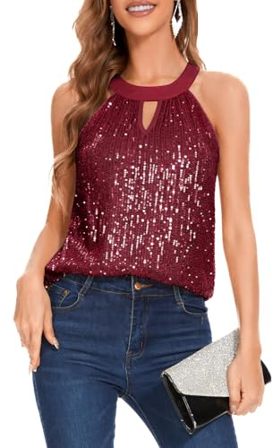 DRESSTELLS damer glitter linne toppar ärmlösa blusar toppar glittrande vertikala ränder paljett-remmar toppar, Burgund, M