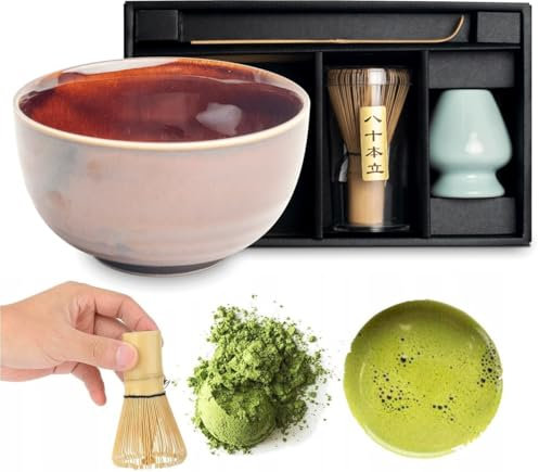 WESTCRAFT Juego de 4 cuencos japoneses originales con escoba y cuchara, embalaje de regalo Edo Japón con escoba Matcha Chasen, soporte para escoba Matcha, cuchara de bambú Matcha Chashaku (rojo Uzu)