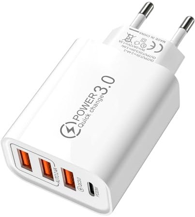 EuAcesry Chargeur Multiple 4 Ports, Adaptateur Secteur USB QC3.0 Type C, Chargeur Rapide pour Téléphones Portables