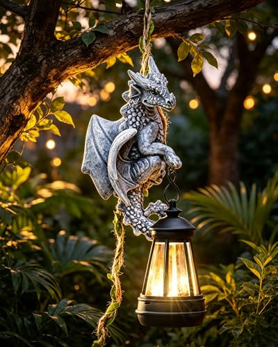 Goodeco Solar Kletternder Drache mit LED-Laterne Gartendeko | Wetterfeste Harz-Dekoration für Garten, Wand und Balkon, Einzigartige Geschenkidee für Fantasy-Fans und Tierliebhaber