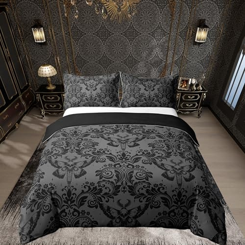 Homemissing Erwachsene Gothic Bettwäsche Set 135x200cm Schwarz Damast Bettwäsche Tod Motte Böhmen Boho Bettbezug Set Gothic Schädel Bettwäsche-Set Vintage Viktorianische Barock Floral Bettwäsche