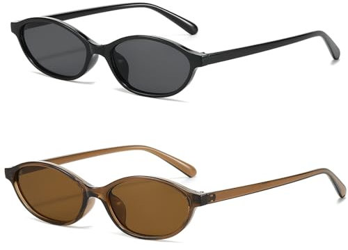 YAMEIZE Ovale Katzenaugen Sonnenbrille Retro Vintage für Damen 90er Jahre Sonnenbrille Kleine Ovale Brille Schmale UV400 Schwarz+Braun