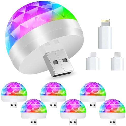 USB Mini Disco Ball Licht,6 Stück DJ Ball USB Party Blitzlicht,Mini Discokugel Licht,Sound Aktivierte Discokugel,RGB Discolicht,Mini Musikgesteuert Partylicht,Discokugel Bühnenlicht mit 3 Adapter