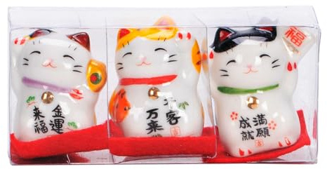 Starry Mart Ceramic Mini Maneki Neko Lucky Cat Figurines – Set of 3 | Japanese Fortune Cat | Home Décor & Good Luck Charm