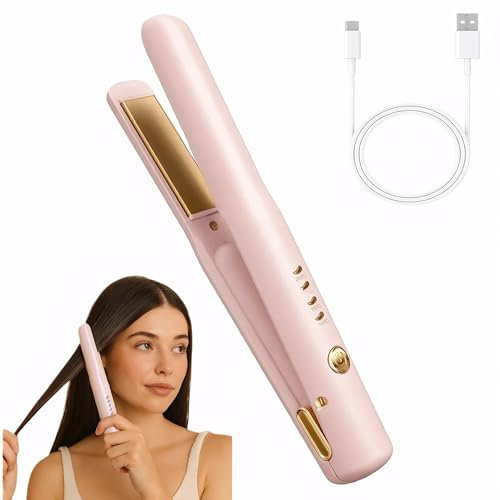 Mini Cordless Hair Straightener & Curling Wand - Rechargeable Travel Straightenerwith 4 Temp Settings & Fast Heating, Travel Flat Iron Straighteners Portable for Short to Long Hair